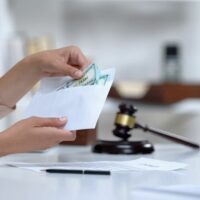 Divorced woman holding envelope with dollars, savings for single mom, allowance Divorced woman holding envelope with dollars, savings for single mom, allowance
