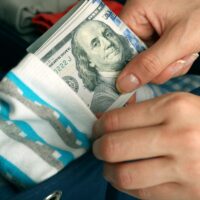 Woman hiding money in sock close up