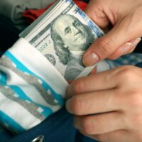 Woman hiding money in sock close up Woman hiding money in sock close up