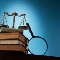 libra scale and magnifying glass on stack of books against blue background